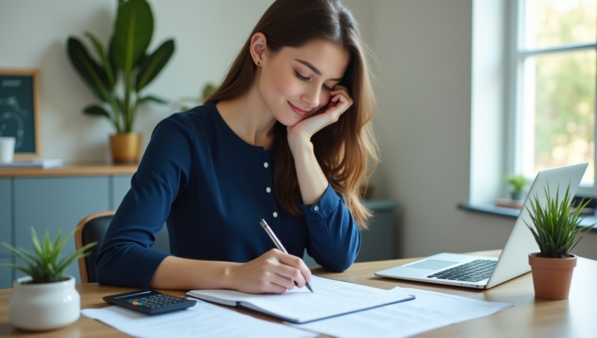Woman planning monthly household budget with calculator and notebook
