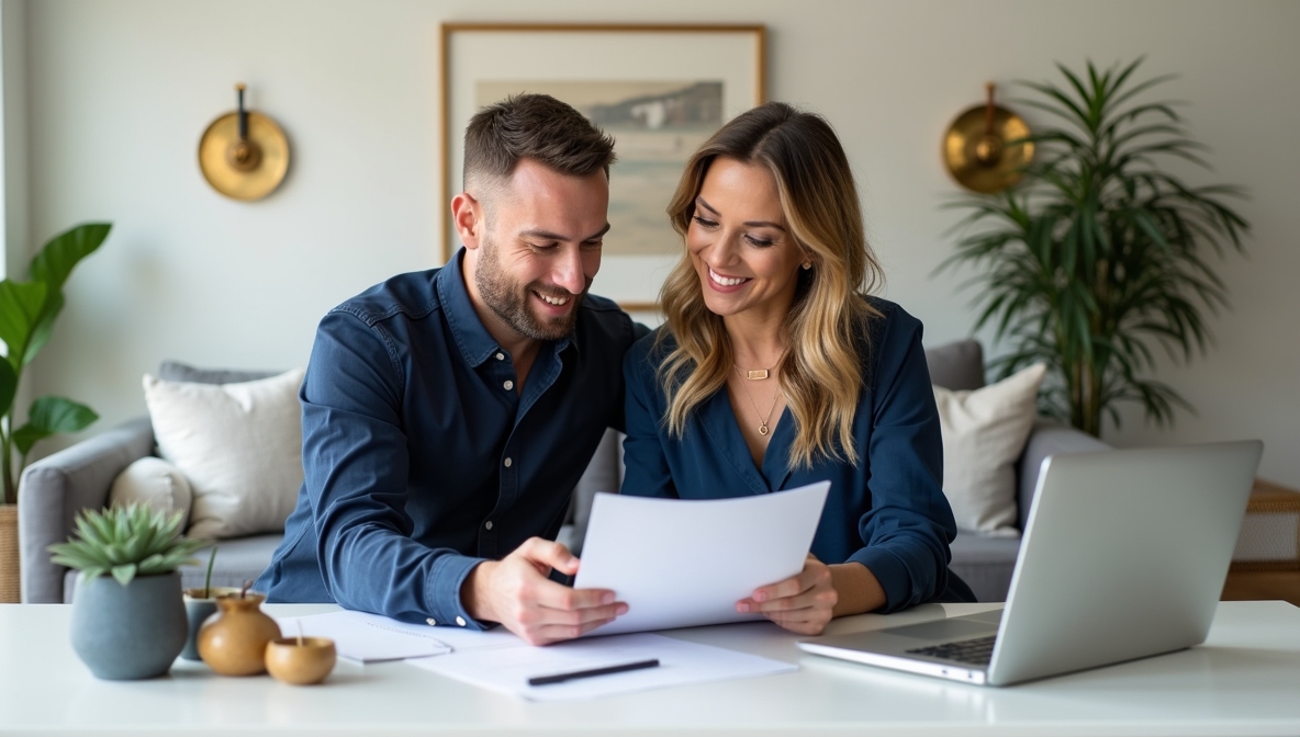 Couple setting financial goals with documents and laptop