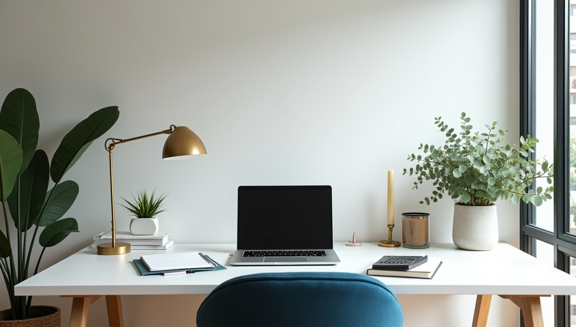 Tidy home workspace with laptop, notebook and calculator