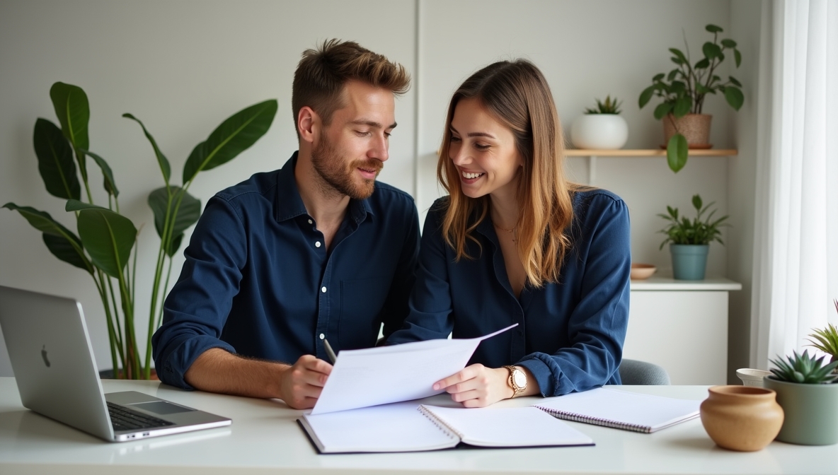 Couple reviewing money management notes together at home